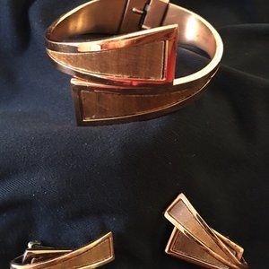 Vintage copper wood clamper cuff earring set
